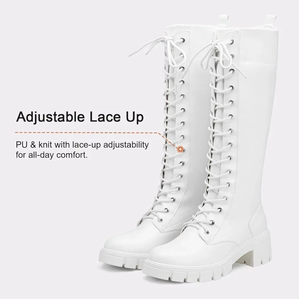 Women's White 953 Chunky Platform Heel Lace Gothic Knee High Combat Boots